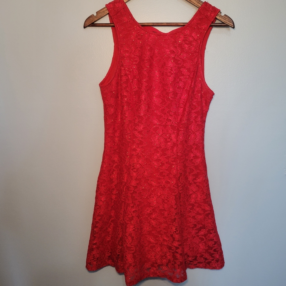 Speechless Juniors Red Sparkle Lace Dress with Pockets and Upper Back Tie Size M